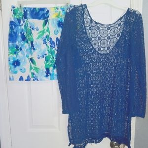 women's blue flower pattern mini skirt/skort pm large crochet large